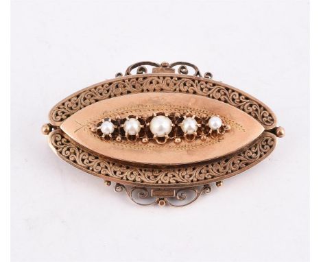 
	
		A LATE 19TH CENTURY GOLD MARQUISE SHAPED PEARL ACCENTED PANEL BROOCH 
		The polished marquise shaped panel with pierced 