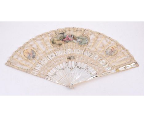 
	
		Y&nbspA MOTHER OF PEARL, BONE AND PAINTED SILK FAN
		The mother of pearl sticks with gilt foliate decoration, birds and 