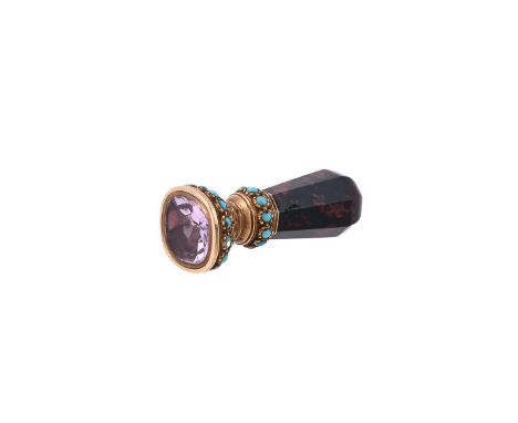 AN EARLY 19TH CENTURY GOLD, TURQUOISE AND AMETHYST SEAL WITH BLOODSTONE HANDLE  CIRCA 1840 The tapered octagonal section bloo