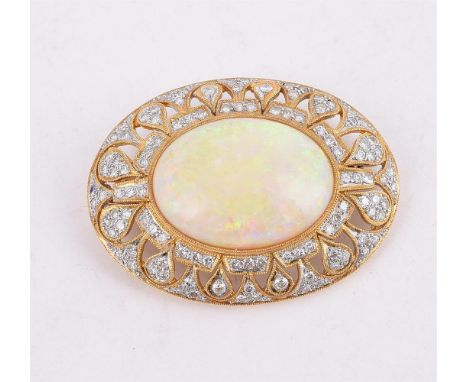
	
		AN OPAL AND DIAMOND BROOCH/PENDANT 
		The oval cabochon opal within a surround of brilliant cut diamonds in millegrained