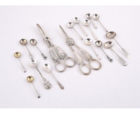 A COLLECTION OF SILVER FLATWARE To include: a pair of William IV silver fiddle, shell and thread pattern grape scissors by Ch