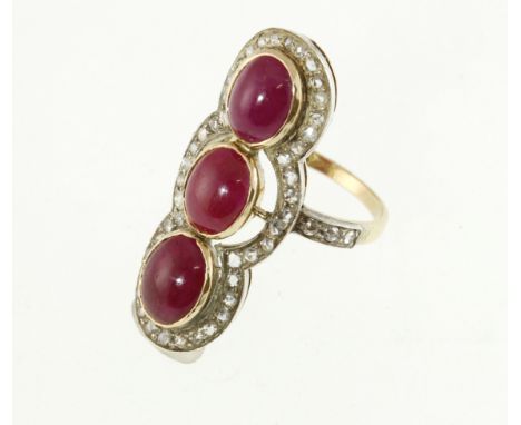 A cabochon ruby &amp; rose-cut diamond ring, tested 14ct unmarked mount, approx 5.6gms, size N