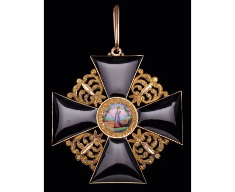 *Russia, Order of St Anne, Civil Division, First Class ‘black’ sash badge in gold with black-enamelled arms of typical raised