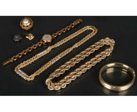   Siebentlgs. Konvolut Schmuck, u.a. ein Armreif, zwei Kordelhalsketten (L=70 / 86 cm), eine Damenarmbanduhr, Marke Ebel, ein