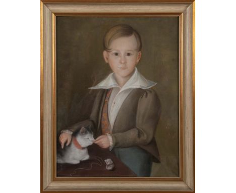   Maler des 20. Jhs.. Portrait eines Jungen mit Katze. Pastell, hi./Gl./gerahmt, 55 x 42 cm.           