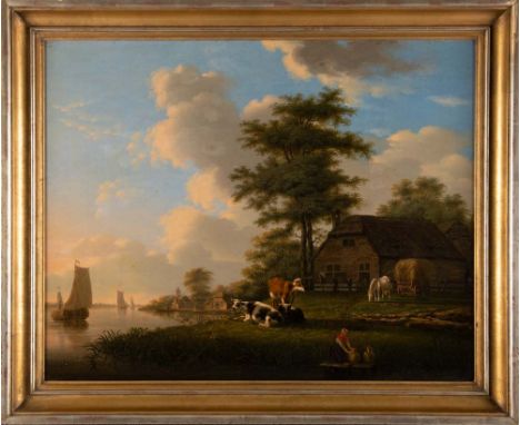   Hendrik van de Bakhuyzen (1795-1864) attrb. Uferlandschaft mit Segelbooten, Vieh und Personenstaffage vor Gebäuden. Öl/Lw.,