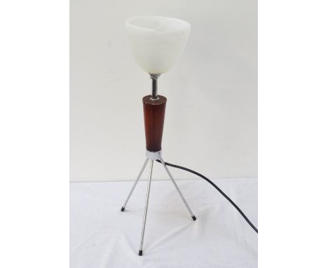 RETRO TABLE LAMP
with opaque glass uplighter shade, chrome and leather covered pedestal and raised on tripod base, 51cm high