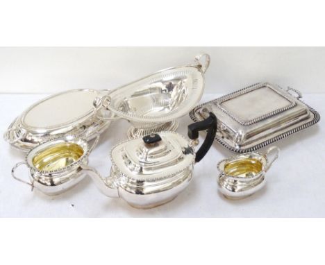 SMALL LOT OF SILVER PLATED WARES
comprising a Georgian style three piece tea service; two entree dishes; and a twin handled c