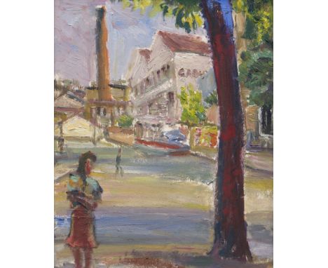 Liebknecht, Robert -- Pariser Straßenszene mit SchornsteinÖl auf Malpappe. 1957(?).46 x 38 cm.Unten mittig mit Kugelschreiber