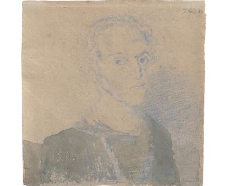 Tübke, Werner -- Portrait eines MannesAquarell und Farbkreide in Blau auf dünnem Bütten. 1977.20,2 x 19,6 cm.Oben rechts mit 