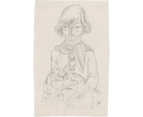 Mammen, Jeanne -- Frau mit Katze im SchoßBleistift auf dünnem Velin. Vor 1929.57,9 x 37,9 cm.Unten rechts mit Bleistift monog