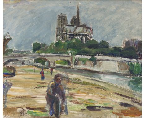 Liebknecht, Robert -- Blick auf Notre DameÖl auf Malpappe. 46 x 55 cm.Unten mittig mit Feder in Schwarz signiert "R. Liebknec