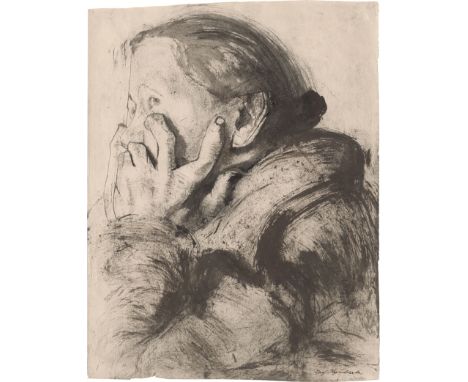 Hegenbarth, Josef -- "Frau, sich aufstützend"Pinsel in Schwarz und Braun, mit Gouache teilweise farbig überarbeitet, auf raue