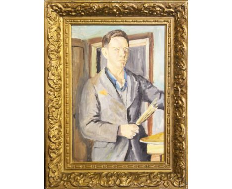 Framed, unsigned, acrylic on paper, portrait of an artist with paintbrushes, inscribed on label verso, 'portrait of Duncan Gr
