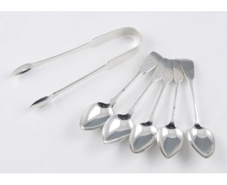 A set of six George III Irish silver spoons and a pair of sugar tongs, each engraved with initial 'R' to terminal, all hallma