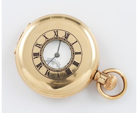 A gold plated cased Elgin half hunter crown wind pocket watch, the white enamel dial having hourly Roman numeral markers with