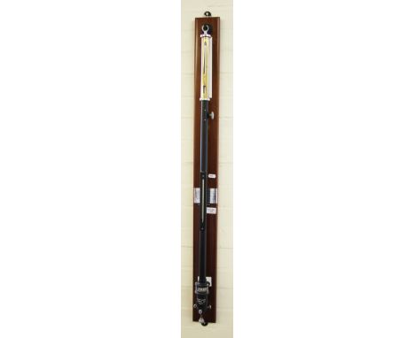 A 20th century marine mercury barometer with brass top case and mercury thermometer, mounted on mahogany panel, by Casella Lo