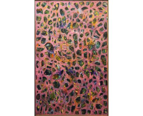 BRENDA COWAN. Framed, emulsion colour on canvas, Abstract Contemporary composition, titled on label verso, 'Boulder Lace Unra
