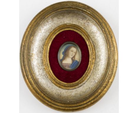 Framed, indistinctly signed, portrait miniature on ivory, bust length study of Mary in blue veil, 4cm x 3cm.