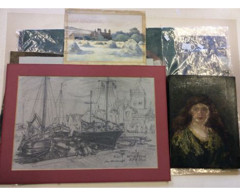 Lot to include, unframed oil on canvas, portrait, various works on paper depicting various subjects.