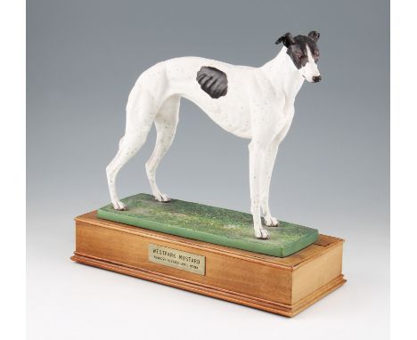 An Albany Fine China ceramic figure of a standing greyhound titled ‘Westpark Mustard, Newtown Heather-April Merry’, on wooden