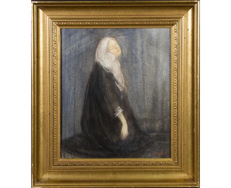 CARMEL CAUCHI (b.1927) Framed, signed, oil on board, portrait of a kneeling woman, together with an unframed, signed, oil on 