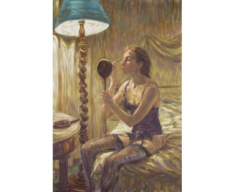 SHEILA TIFFIN (b. 1952) Framed, signed, dated 1989, oil on canvas, three quarter length portrait of a woman in undergarments,
