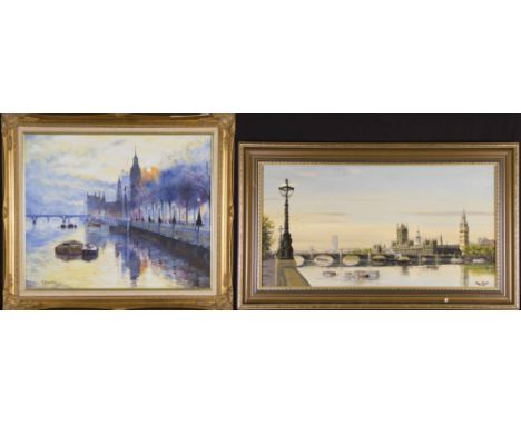 ROY KRATY (1909 - 2002) Framed, signed, oil on canvas, London scene, titled on label verso, 'Westminster from South Bank', to