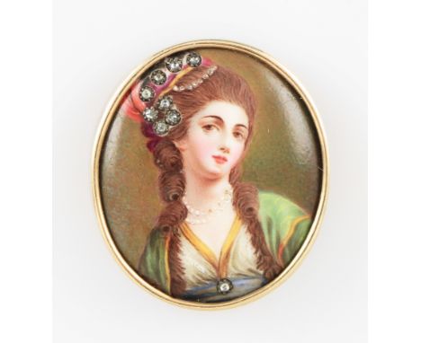 A yellow metal framed hand painted portrait miniature on porcelain brooch, set with rough cut diamonds, depicting an 18th Cen