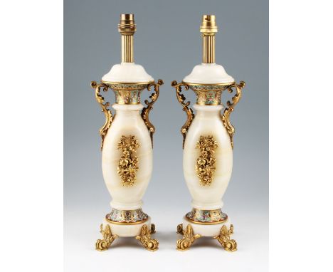 A pair of 20th Century marble lamp bases with bands of gilt and cloisonné decoration to top and foot together with gilt scrol