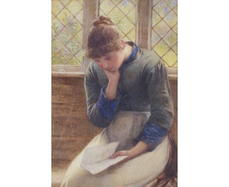 Circle of WALTER LANGLEY R.I. (1852 - 1922) Framed, unsigned, watercolour on paper, half length portrait of a seated girl, re