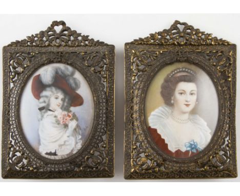 Two rectangular framed 20th Century portrait miniatures, heightened prints, portraits of ladies, 8.1cm x 6.3cm, (2).