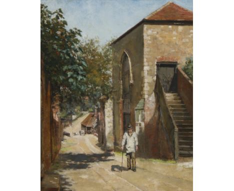 ARTHUR GEORGE BELL (1849 - 1916) Framed, signed, oil on panel, figure with walking stick on tree lined village path, 39cm x 3