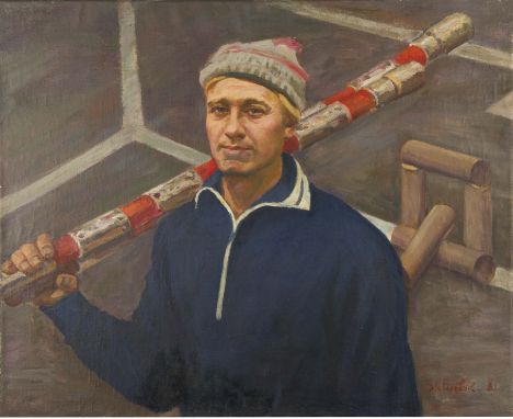 LUDVIG VALENTINOF GRIGOR? Unframed, signed, dated verso 1980, Russian oil on canvas, portrait of hurdles athlete, inscribed i