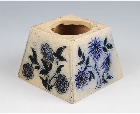 A 19th Century Martin Brothers Martinware art pottery inkwell, of tapered square form with incised floral design in blue and 