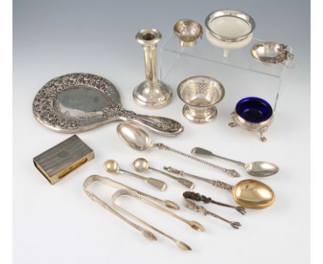 A collection of silver to include a silver match box holder, hallmarked Birmingham 1918, a silver pierced bowl, hallmarked Bi