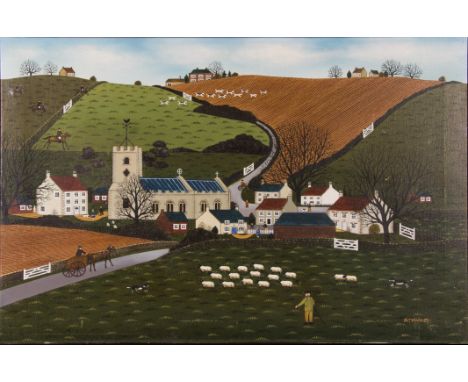 R. YUINS. Unframed, signed, acyrilc on canvas, 20th Century Naive English landscape, with village church and fields of grazin