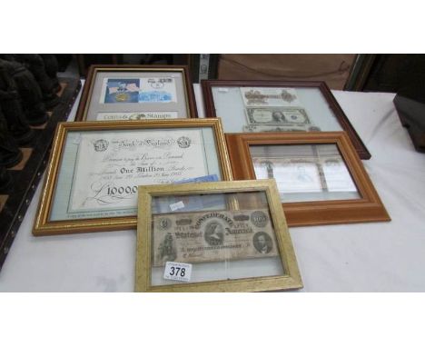 A framed and glazed J F K coin and stamp collage and 4 other framed notes including £1,000,000 replica note