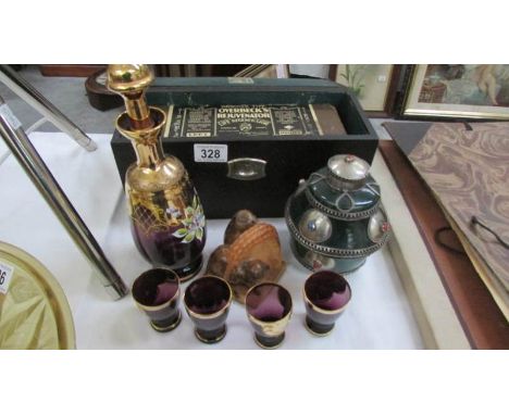 An Overbecks rejuvenator machine, a Bohemian decanter and 4 glasses, a Turkish pot with lid and 2 carved wood mice eating bar