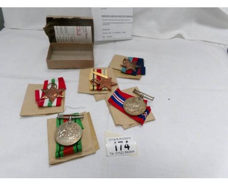 A set of 5 WW2 medals being 1939-45 star, Africa star with first army clasp, Italy star, defence medal and 1939-45 war medal 