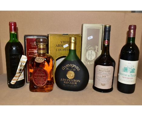 ALCOHOL, five bottles comprising 1 x J. Dupeyron Napoleon ARMAGNAC Hors d’Age, 100cl. boxed, 1 x CARDHU Sigle Malt Scotch Whi