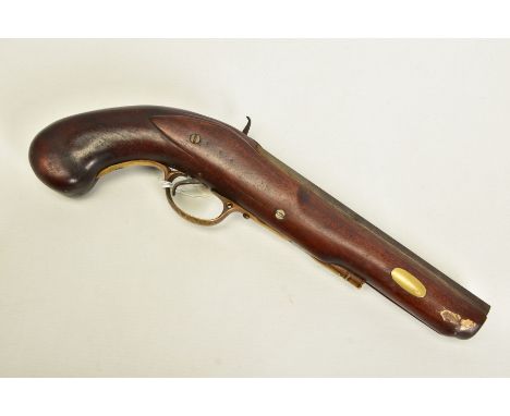 AN ANTIQUE CONVERSION OF A MUZZLE LOADING PERCUSSION SHOTGUN INTO A PERCUSSION PISTOL, using part of the barrel of a Boss &am