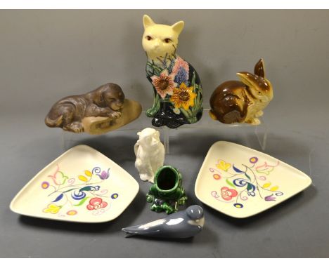 Ceramics - a Poole pottery sleeping puppy;  a pair of shaped floral dishes;  a Goebel Rabbit;  a Royal Copenhagen dove, No 23