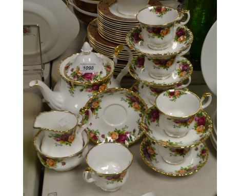 A Royal Albert Old Country Rose pattern tea service for six, including Teapot, milk jug, sugar bowl, etc, printed marks