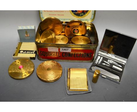 Lady's Fashions - a 1930s compact, faux tortoiseshell case; others; lipstick, pocket jotter, etc, contained in a squirrel con
