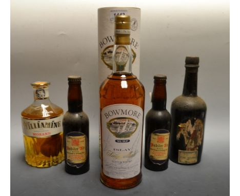 A bottle of Bowmore Surf Islay single malt Scotch, one litre, cylindrical box; a bottle of Williamine Morand Martigny Fine Ea