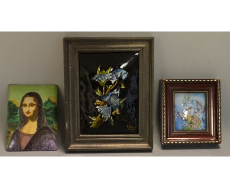 A Limoges enamel plaque, Birds, signed R Restoueix; two other Limoges plaques (3)