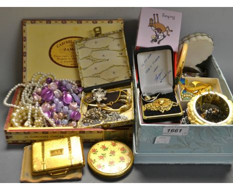 Costume Jewellery - a novelty powder compact as a suitcase, monogrammed and engraved; another powder compact; faux pearls; cl