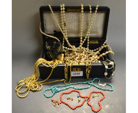 Jewellery - a turquoise bead necklace;  others Coral, simulated pearl, etcl rings, earrings etc (2 boxes)