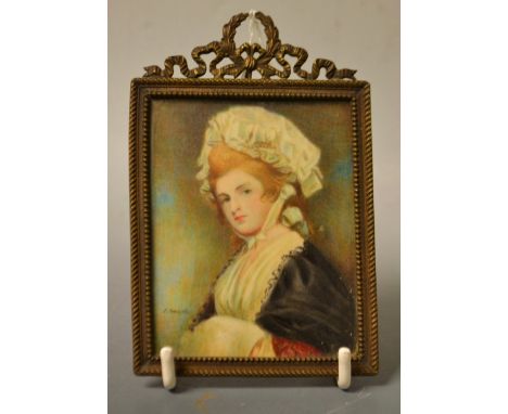 After George Romney, a portrait miniature, Mrs Robinson, bears signature J Smart, 8cm x 6.5cm